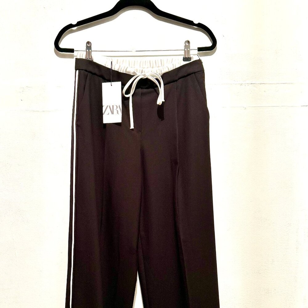 Zara Athleisure Trouser pant, black with with stripe, drawstring, size XS